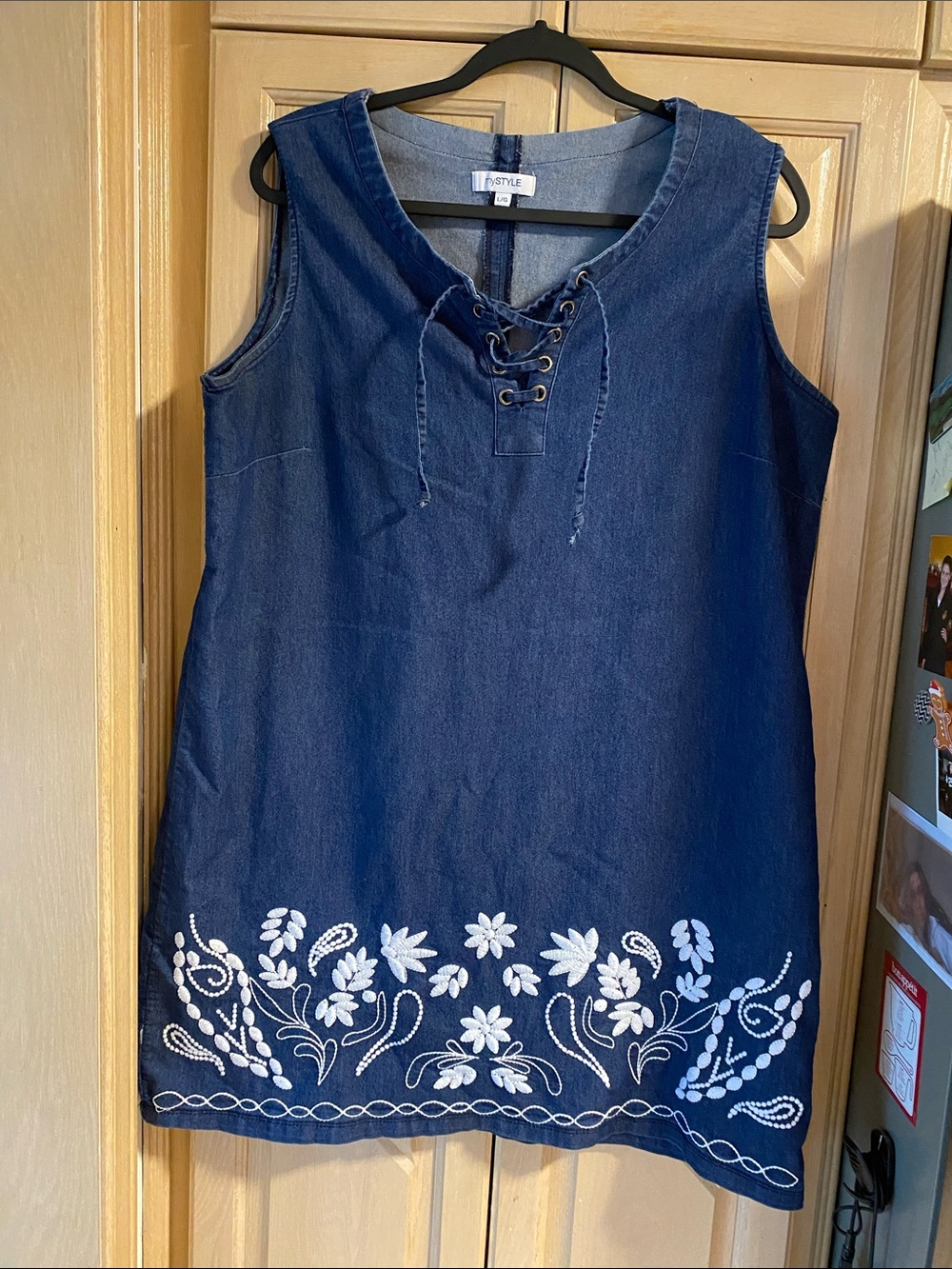 Stylish Denim Lace-Up Tunic Dress with White Embroidery size Large